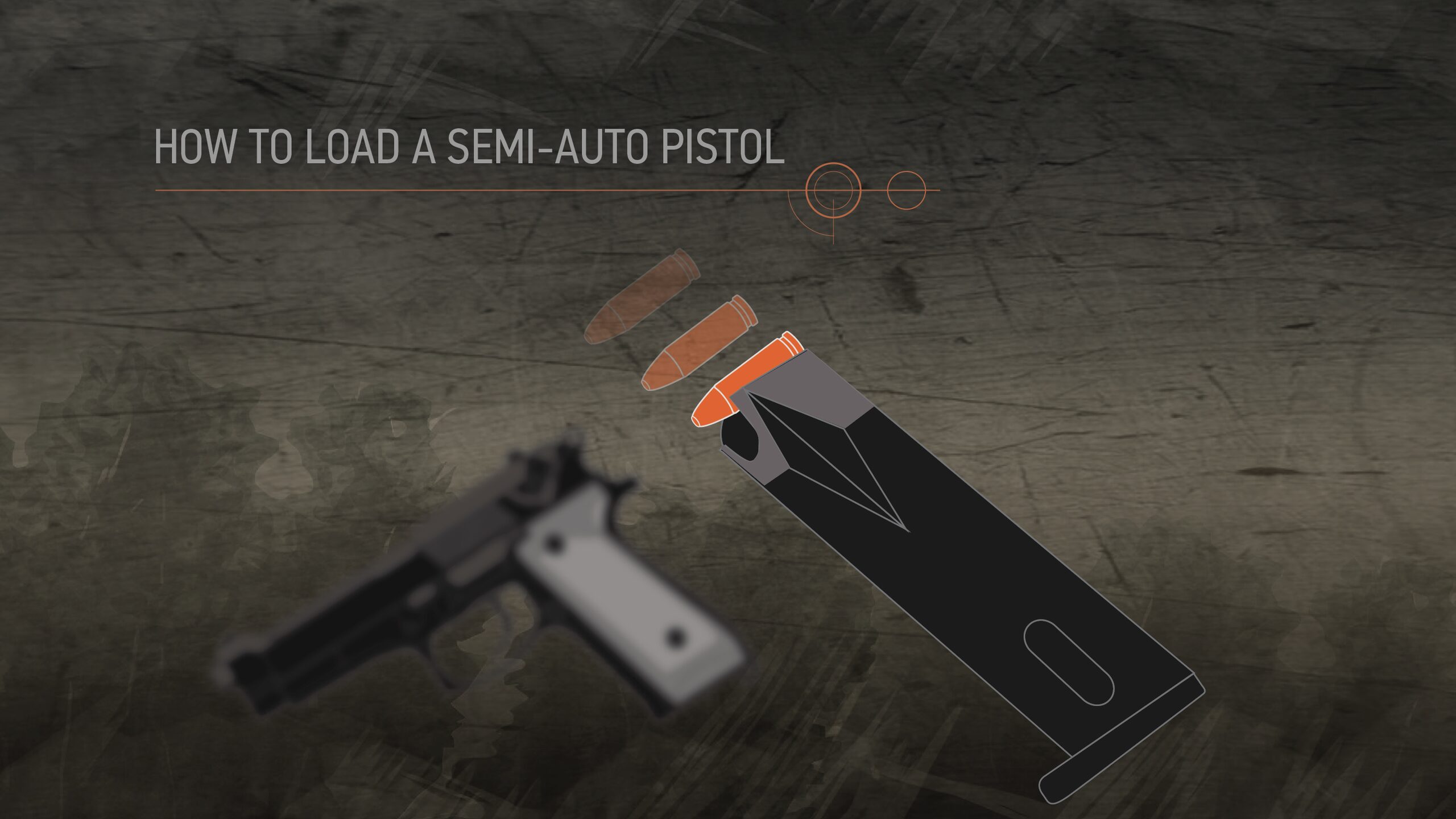 Illustration of ammunition being entered into a semi-auto pistol's magazine.