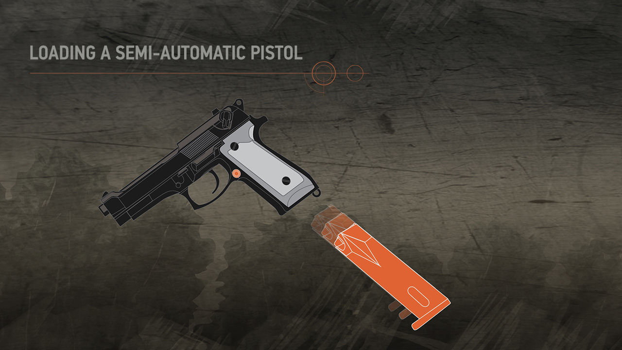 Illustration of a magazine being removed from a semi-auto pistol.