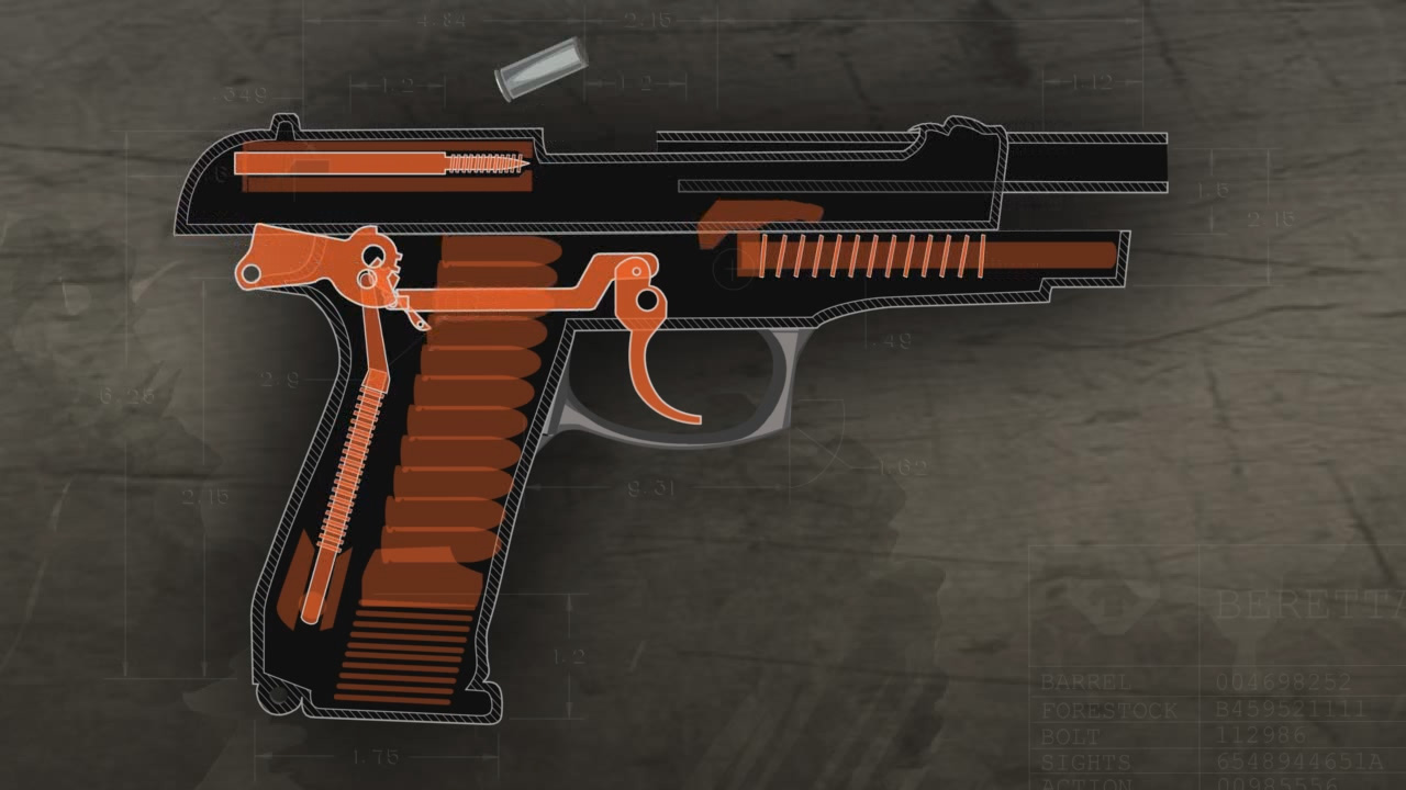 Illustration of the inside of a loaded semi-auto pistol with the slide pulled backward and a spent cartridge being ejected.