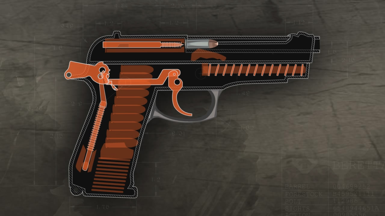 Illustration of the inside of a loaded semi-auto pistol ready to fire.
