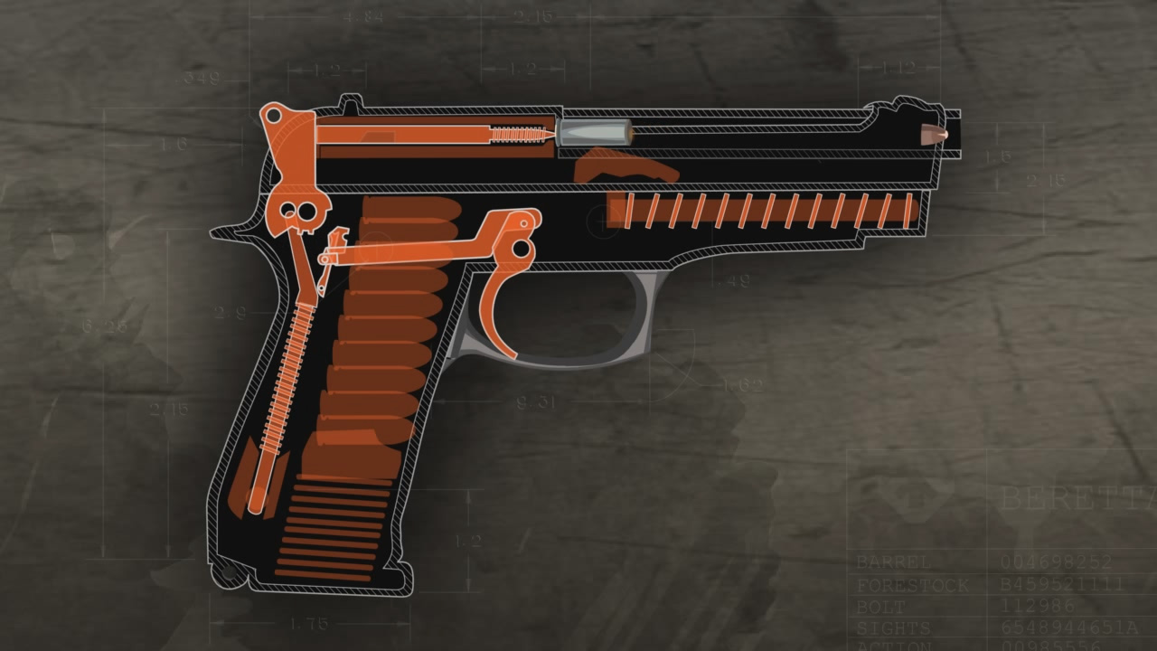 Illustration of the inside of a semi-auto pistol that has just been fired with the projectile exiting the muzzle.