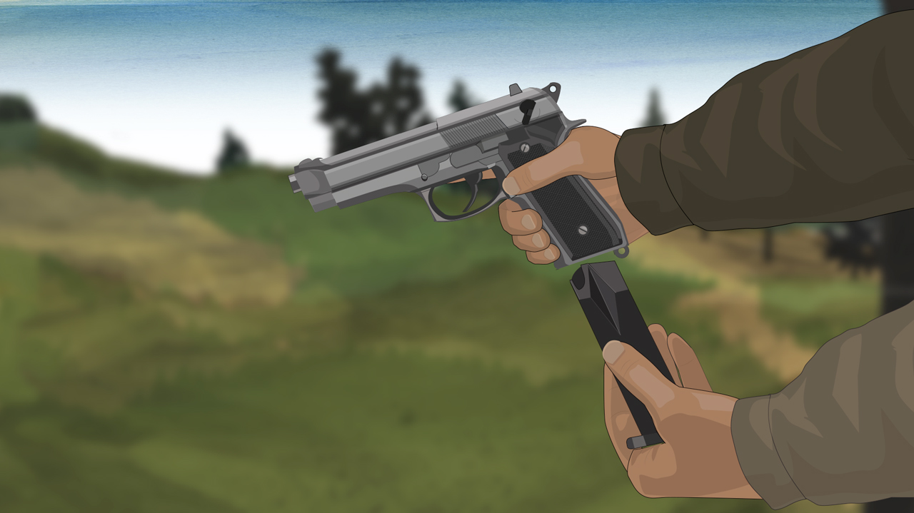 Illustration of a hunter's hands inserting a magazine into a semi-auto pistol.