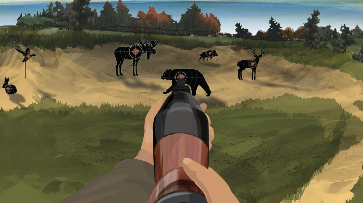 Illustration of a hunter's hands holding a forward facing pump action shotgun.