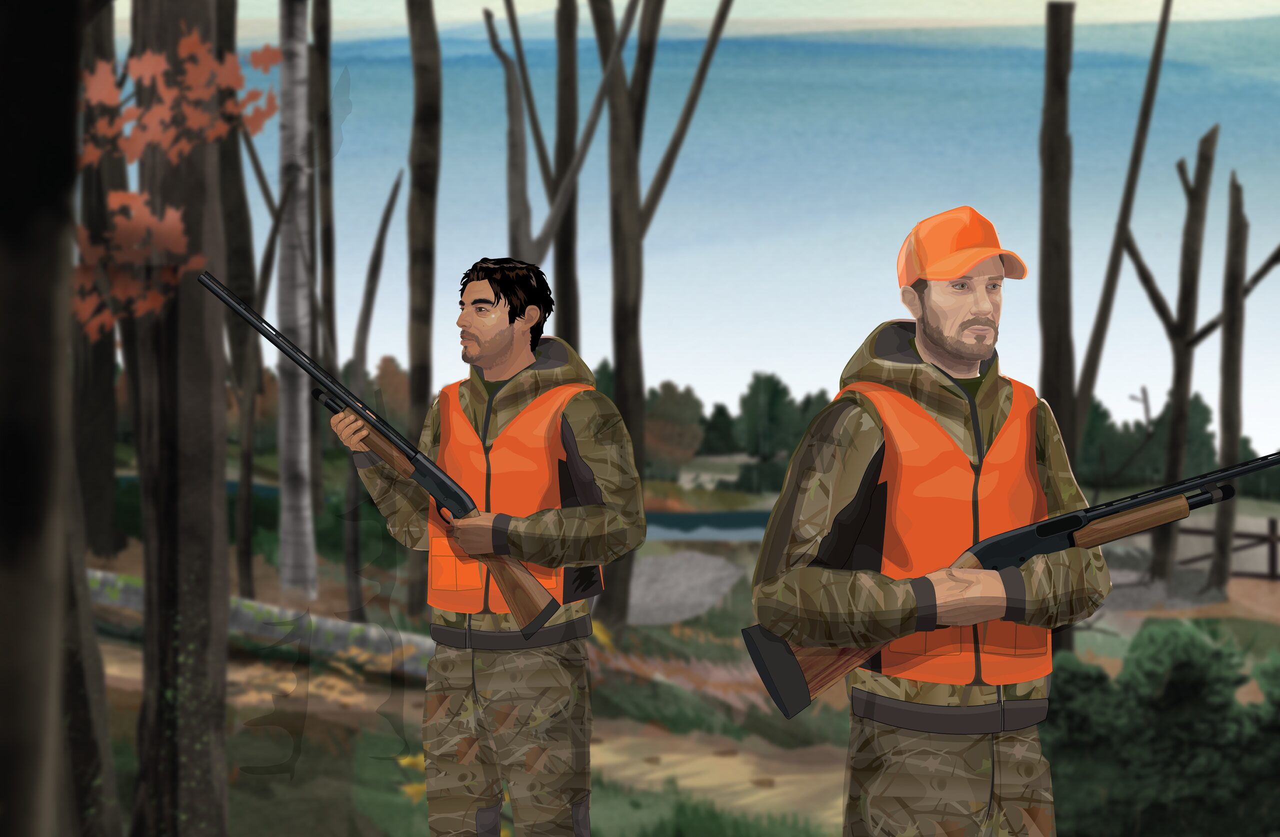 Illustration of two hunters walking through the forest.