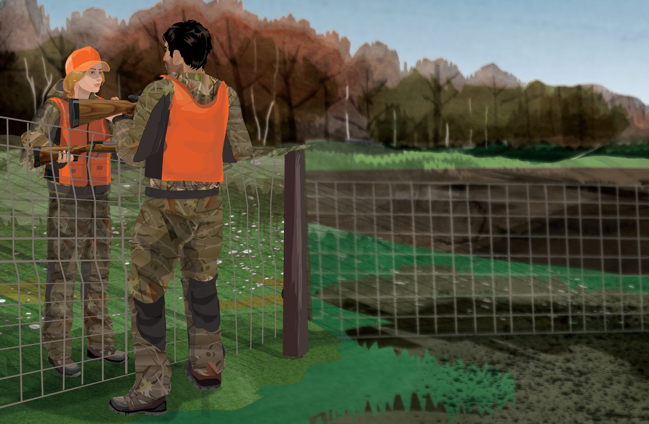 Illustration of a hunter passing a firearm over a stream to another hunter.