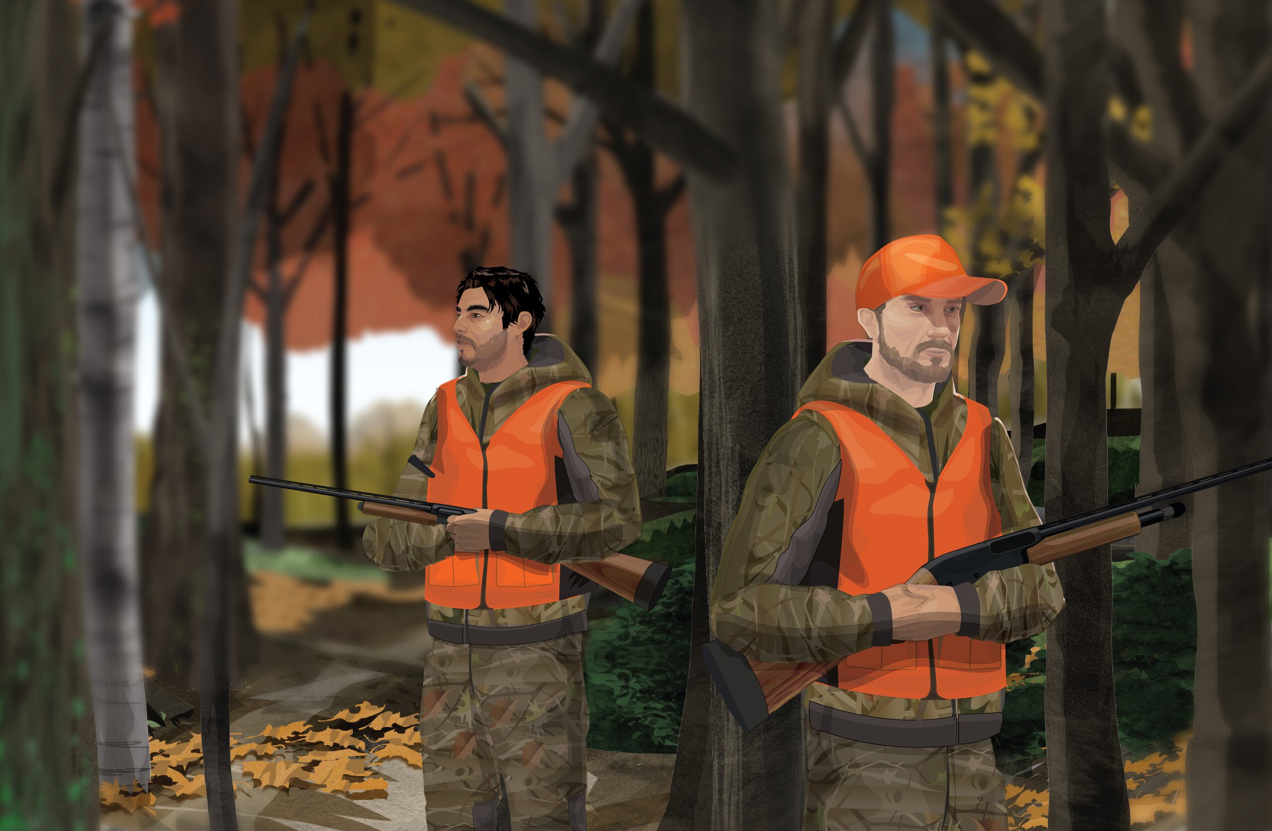 Illustration of two hunters walking through a forest.