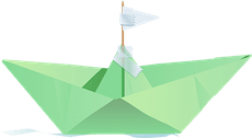 Green oragami boat with white flag floating on water. Illustration.