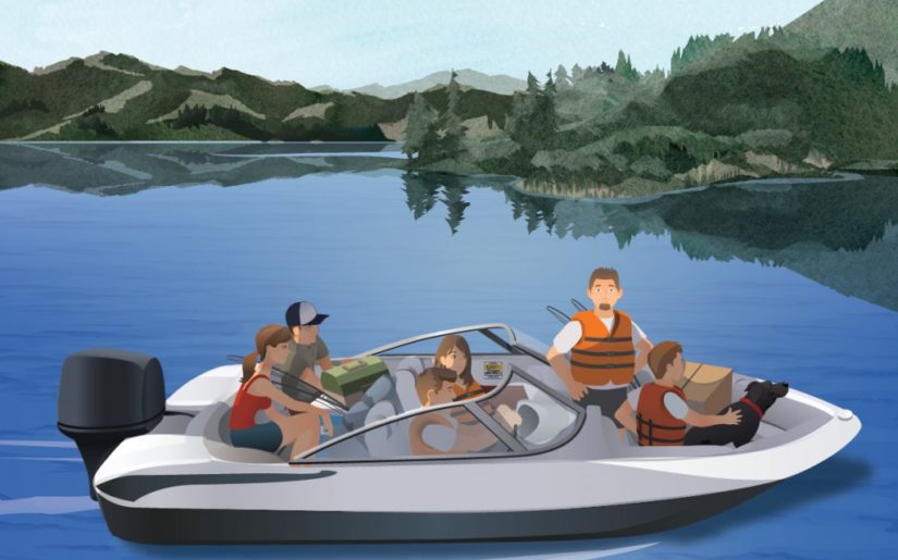 Family wearing lifejackets riding in a bowrider boat. Illustration.