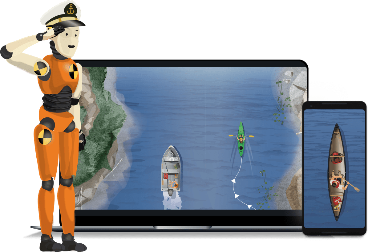 PADDLERsmart! Crash Test Captain saluting in front of course content screenshots.