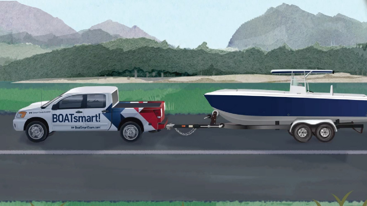 BOATsmart! Nissan Titan towing boat on trailer. Illustration.