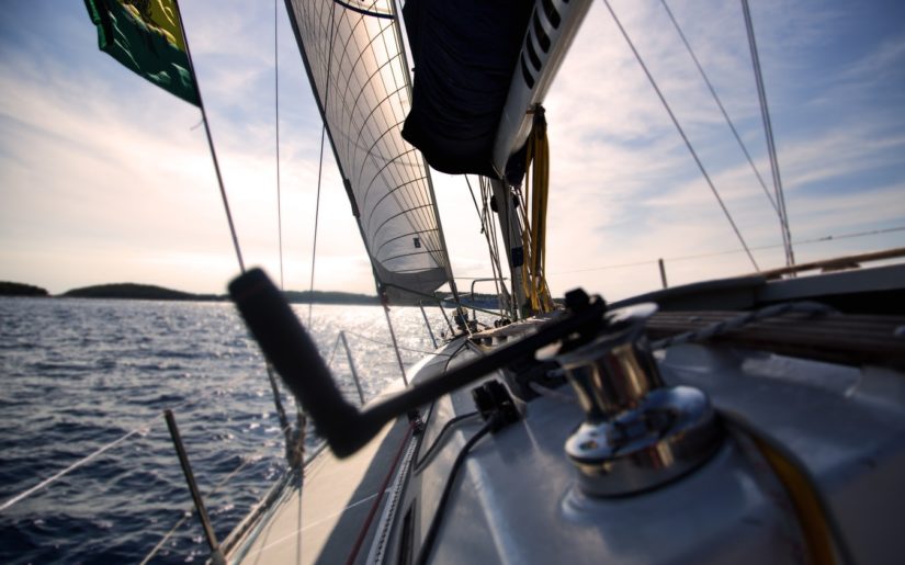 Close-up shot of a sailboat main sail winch.