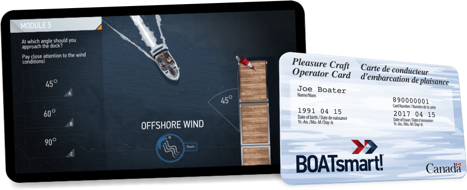The BOATsmart! Course on a Phone next to a Pleasure Craft Operator Card