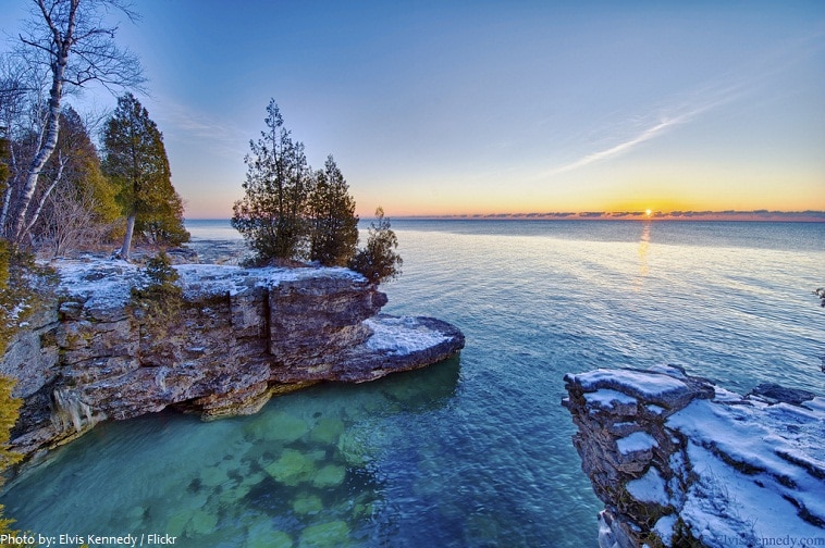 Rock cliffs on the shore of a Michigan lake.