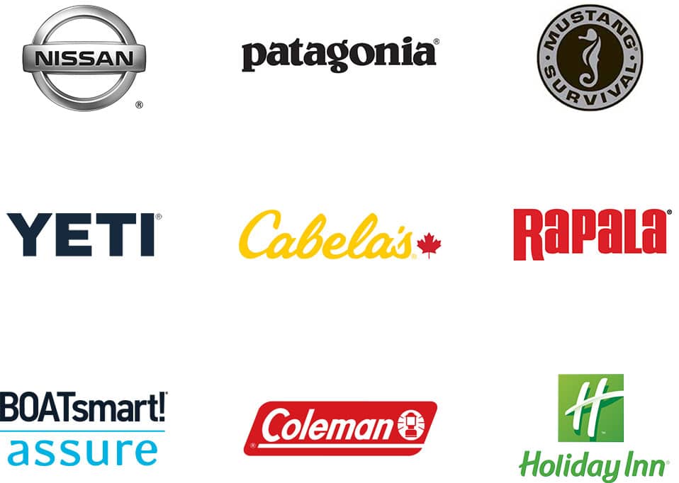 logos of campfire collective partners, nissan, patagonia, mustang survival, yeti, cabelas, rapala, coleman, holiday inn